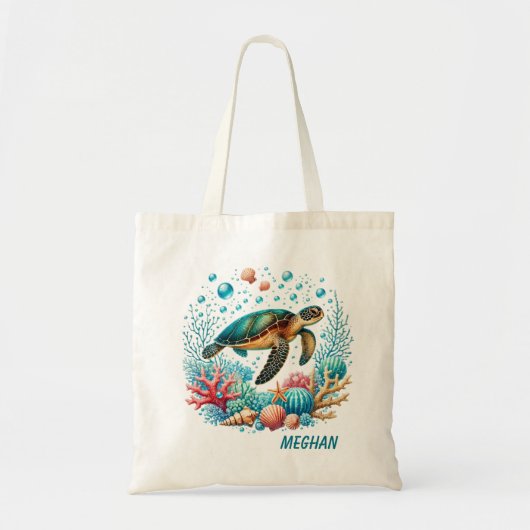 Schattige strand zee schildpad Voeg naam toe Tote Bag (Voorkant)