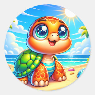 Schattige strand zee schildpadliefhebbers ronde sticker