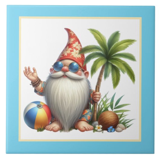Schattige strandhuis gnoom tegeltje (Voorkant)