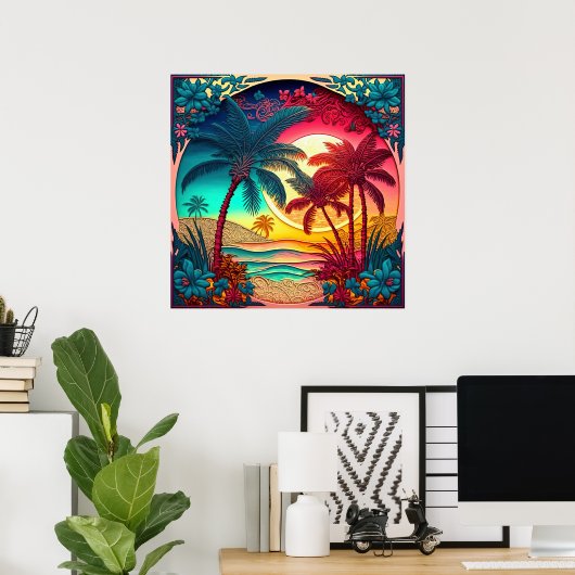 Schattige strandhuis palmboom poster (Thuiskantoor)