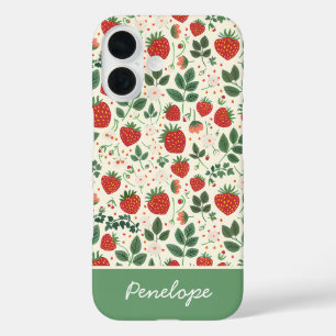 Schattige Strawberry Design met aangepaste naam iPhone 16 Hoesje
