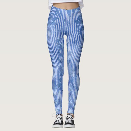 schattige Strepen en Bloemen Blauwe Legging Vrouwe (Voorkant)