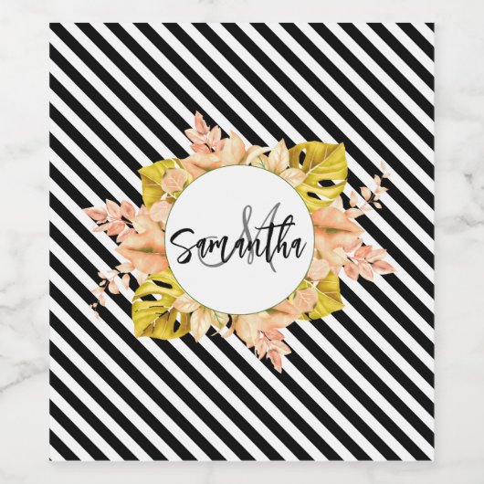 Schattige Strepen en Bloemen Monogram Wijn Etiket (Enkel label)