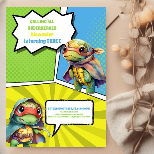 Schattige stripboek Turtles Superhero Boy Verjaard Kaart