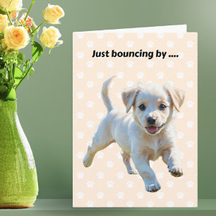 Schattige stuiterende puppy met pootafdrukken bete kaart