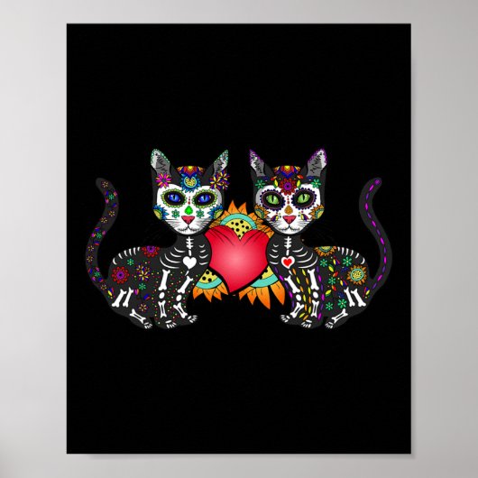 Schattige Sugar Skull Cat Duo Hart Mexicaans Dia D Poster (Voorkant)