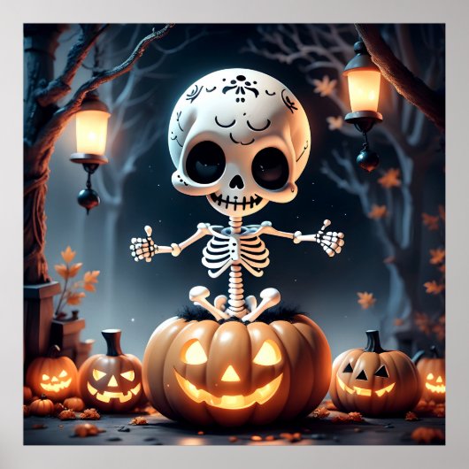 Schattige Sugar Skull Skeleton en pompoenen Poster (Voorkant)