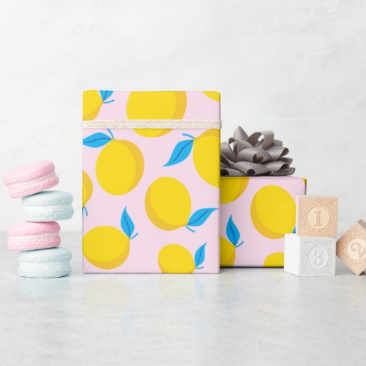 Schattige Sunny Yellow Lemon Pattern Roze Naadloos Cadeaupapier (Baby Shower)
