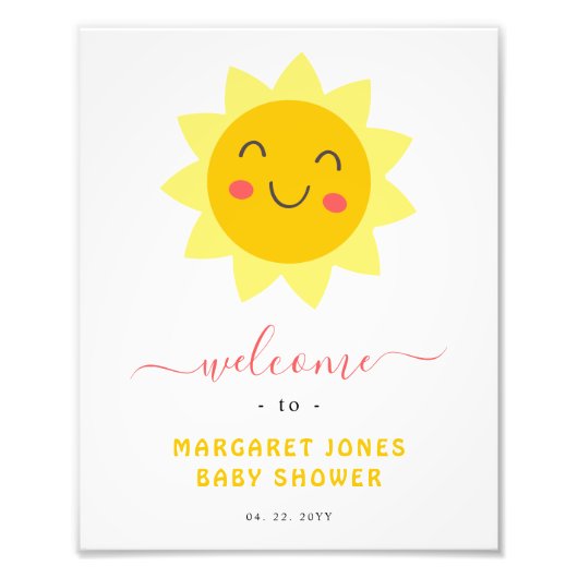 Schattige Sunshine Baby shower Welkomstbord Foto Afdruk (Voorkant)