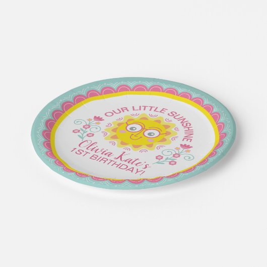 Schattige Sunshine Girl Eerste Verjaardag Party Bo Papieren Bordje (Gekanteld)