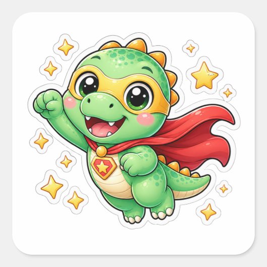 Schattige Superheld Dinosaur Cartoon Vierkante Sticker (Voorkant)
