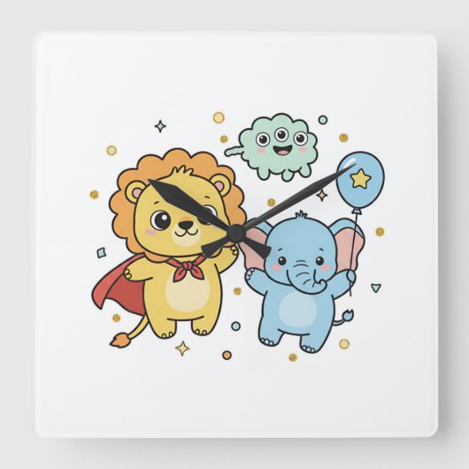 Schattige superheld leeuw en olifant vrienden cart vierkante klok (Voorkant)