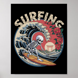 Schattige Surfende Tsunami Skelet Dia De Los Muert Poster