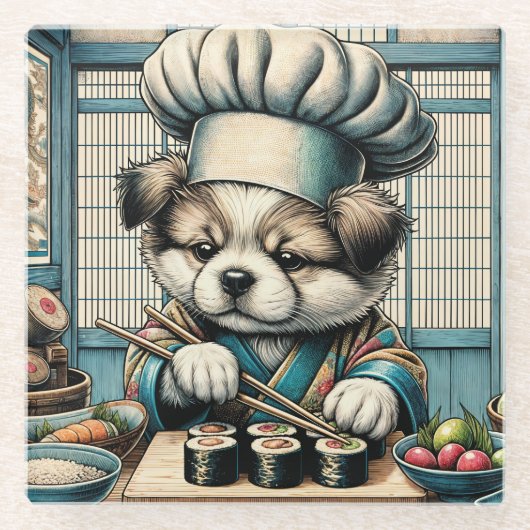 Schattige Sushi Chef Puppy Glazen Onderzetter (Voorkant)