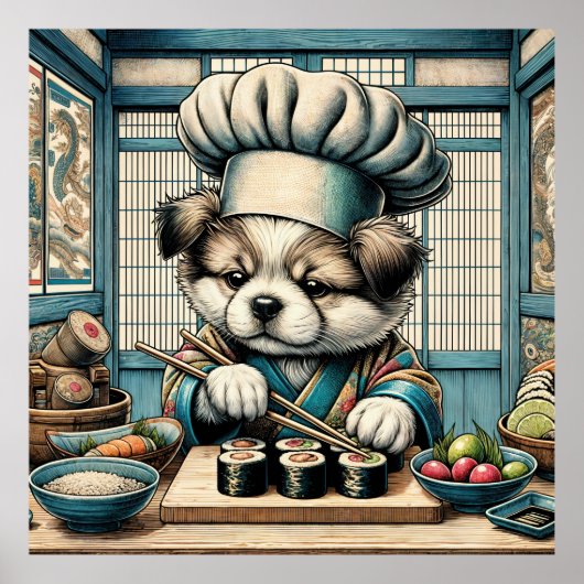 Schattige Sushi Chef Puppy Poster (Voorkant)