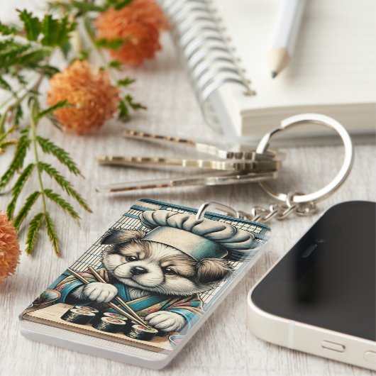 Schattige Sushi Chef Puppy Sleutelhanger (Voorkant Rechts)