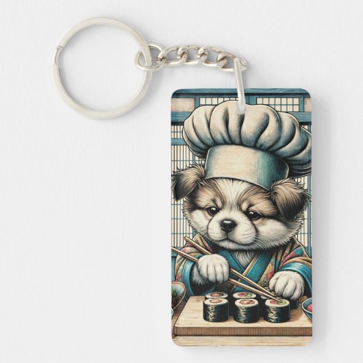 Schattige Sushi Chef Puppy Sleutelhanger (Voorkant)
