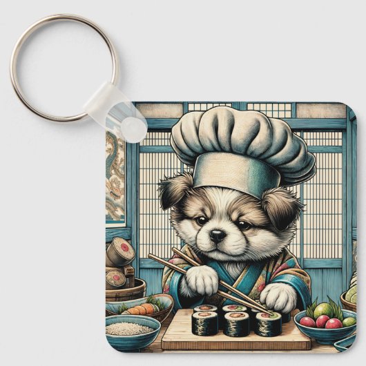 Schattige Sushi Chef Puppy Sleutelhanger (Voorkant)