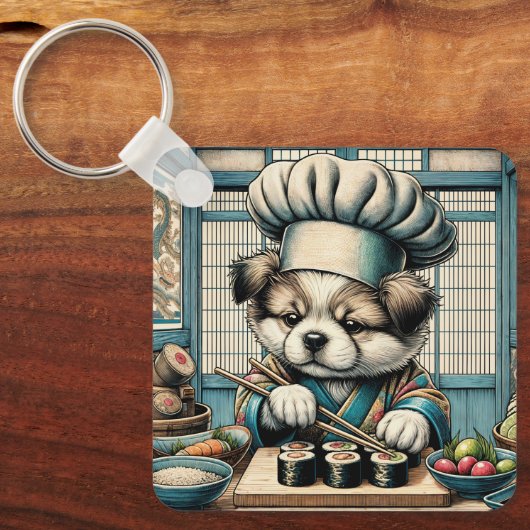 Schattige Sushi Chef Puppy Sleutelhanger (Voorkant)