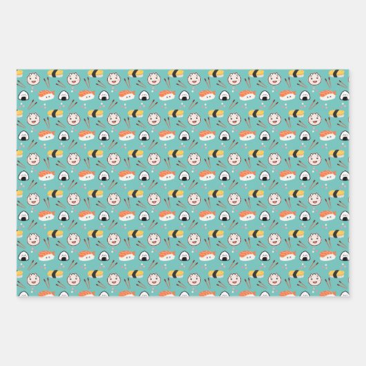 Schattige Sushi & Dumpling Wrapping Papier - Blauw Inpakpapier Vel (Voorkant 3)