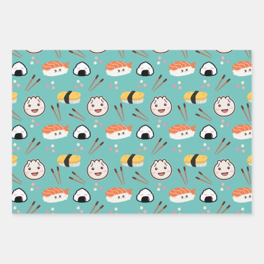 Schattige Sushi & Dumpling Wrapping Papier - Blauw Inpakpapier Vel (Voorkant 2)
