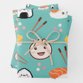 Schattige Sushi & Dumpling Wrapping Papier - Blauw Inpakpapier Vel (In situ)