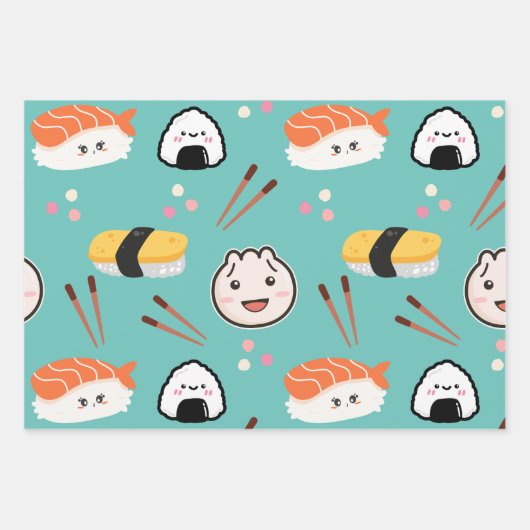 Schattige Sushi & Dumpling Wrapping Papier - Blauw Inpakpapier Vel (Voorkant)