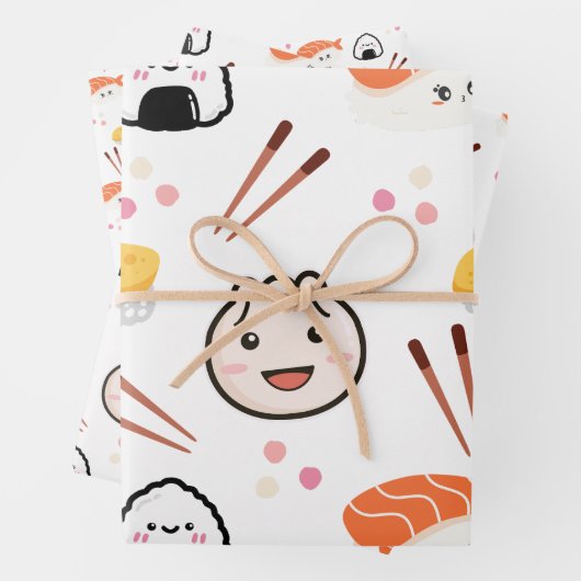 Schattige Sushi & Dumpling Wrapping Papier - Wit Inpakpapier Vel (In situ)