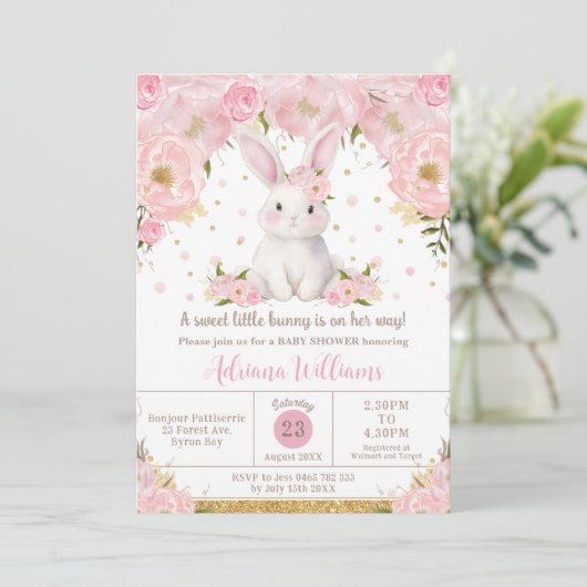 Schattige Sweet Bunny Rabbit Pink Floral Baby show Kaart (Staand voorkant)