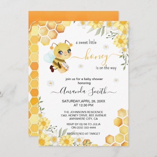 Schattige Sweet Little Honey Bee Girl Baby shower Kaart (Voorkant / Achterkant)