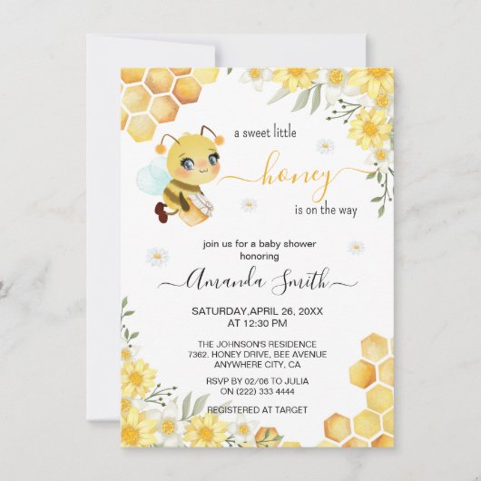 Schattige Sweet Little Honey Bee Girl Baby shower Kaart (Voorkant)