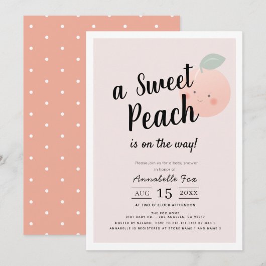 Schattige Sweet Peach Roze Baby shower Kaart (Voorkant / Achterkant)