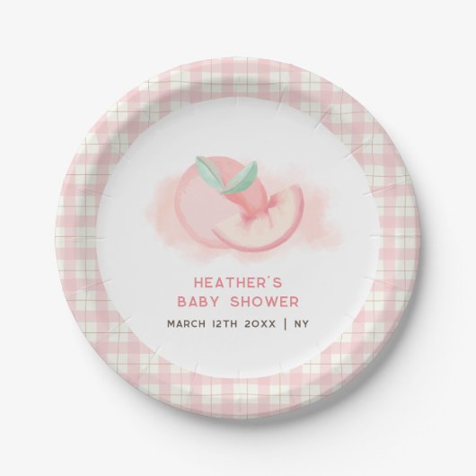 Schattige Sweet Pink Gingham Peach Baby shower Papieren Bordje (Voorkant)