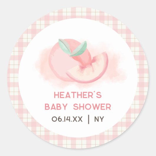 Schattige Sweet Pink Gingham Peach Baby shower Ronde Sticker (Voorkant)