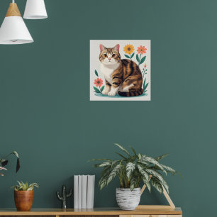 Schattige Tabby Kat Bloemrijke Folk Art Poster W