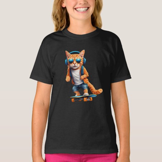 Schattige Tabby Skateboarder Kids' T-shirt (Voorkant)