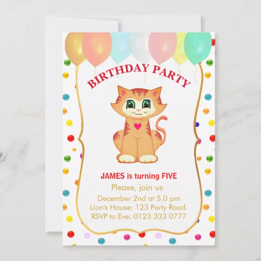 Schattige tabbykat, ballonnen en confetti verjaard kaart (Voorkant)