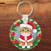 Schattige tabbykat in kerstmannenoutfit sleutelhanger (Achterkant)