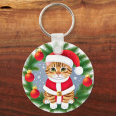 Schattige tabbykat in kerstmannenoutfit sleutelhanger (Voorkant)