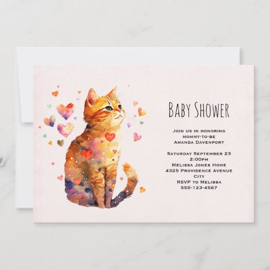 Schattige tabbykat met hartjes babyshower kaart (Voorkant)