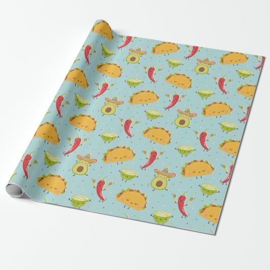 Schattige Taco's Avocado Chili Limoen Party Blauw Cadeaupapier (Uitgerold)