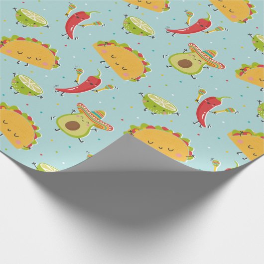 Schattige Taco's Avocado Chili Limoen Party Blauw Cadeaupapier (Hoek)