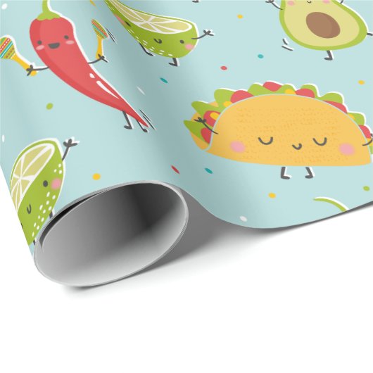 Schattige Taco's Avocado Chili Limoen Party Blauw Cadeaupapier (Rol Hoek)