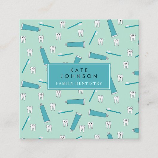 Schattige Tand Blauwgroen Mint Tandarts QR Code So Vierkante Visitekaartje (Voorkant)
