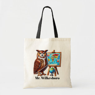 Schattige Teacher owl naam toevoegen aanpasbaar Tote Bag