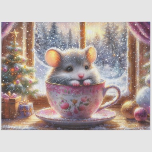 Schattige Teacup Mouse Feestelijke Kerstdecoupage Tissuepapier (Voorkant)