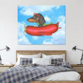 Schattige teckel in rode worst vliegtuig canvas afdruk (Insitu (Slaapkamer))