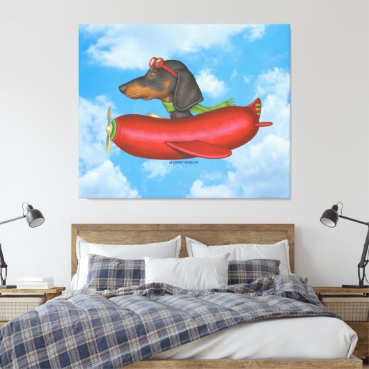 Schattige teckel in rode worst vliegtuig canvas afdruk (Insitu (Slaapkamer))