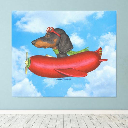 Schattige teckel in rode worst vliegtuig canvas afdruk (Insitu (Houten vloer))