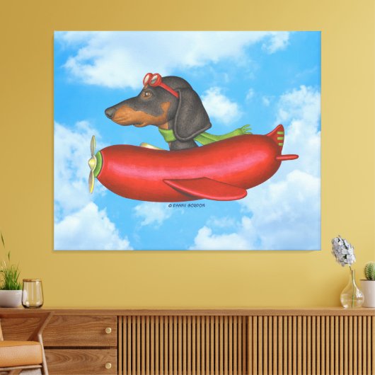 Schattige teckel in rode worst vliegtuig canvas afdruk (Insitu (Woonkamer))